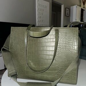 Béis The Large Work Tote - Olive Green Crocodile-Embossed Tote Bag